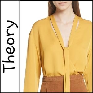 NEW! THEORY Silk Faux Wrap Tie Neck Blouse Small.